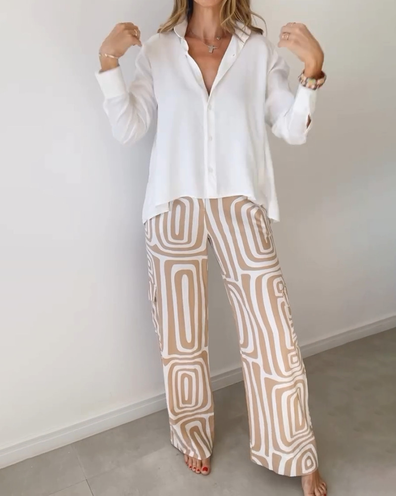Women's Digital Print Shirt and Wide-Leg Pants Two-Piece Set