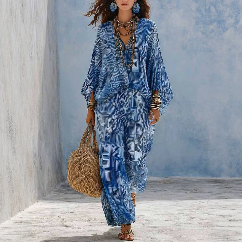 Women's Geometric Print V-Neck Loose Top & High-Waist Wide-Leg Pants Set