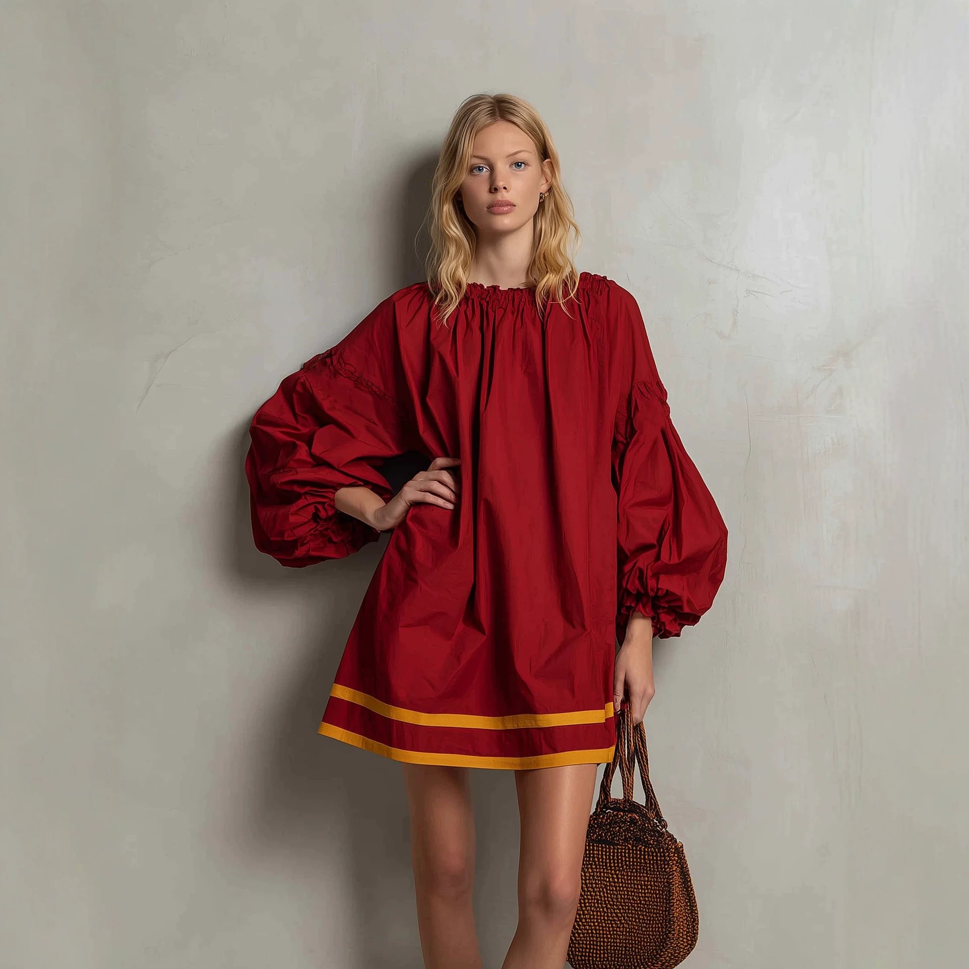 Women's Loose A-Line Dress with Round Neck, Puff Sleeves, Colorblock Patchwork, Short Babydoll Vacation Style