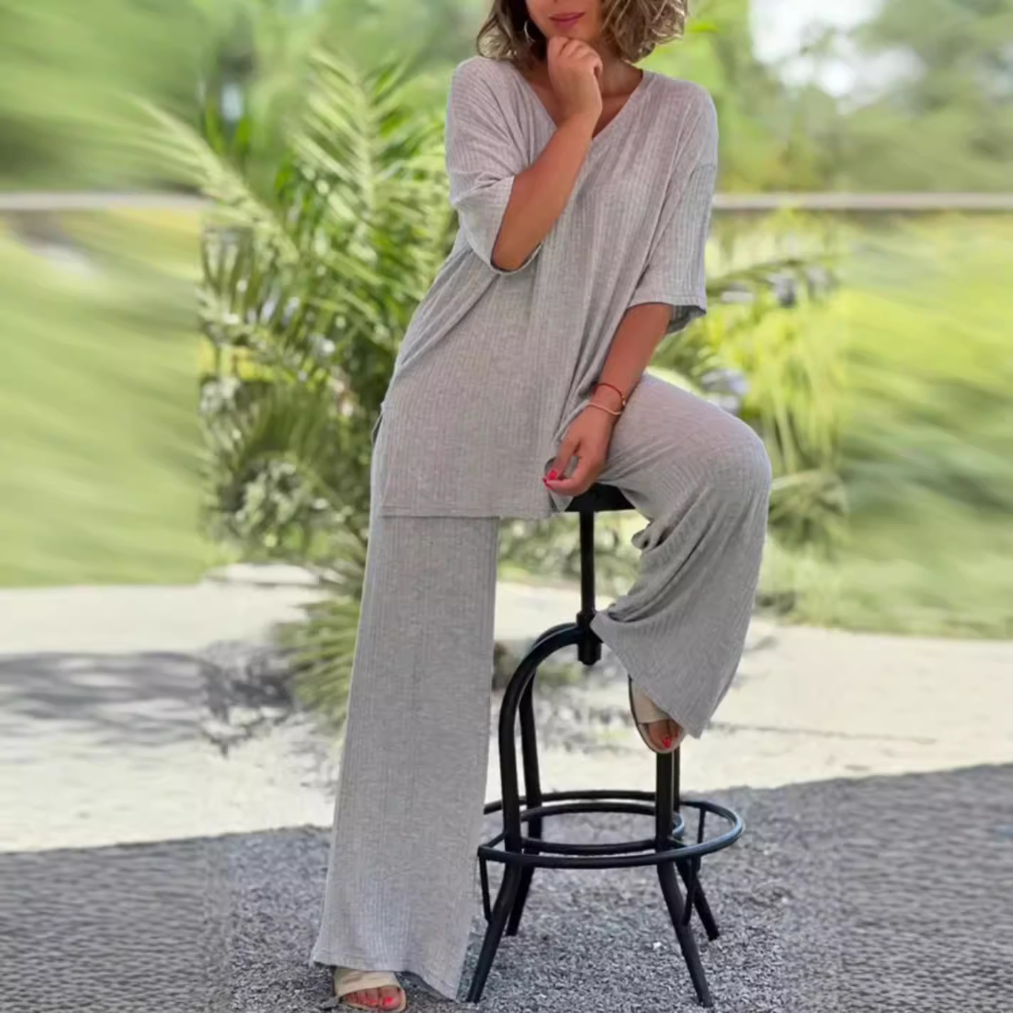 Women's Knit Top and Straight-Leg Pants Two-Piece Set Casual Loose Fit