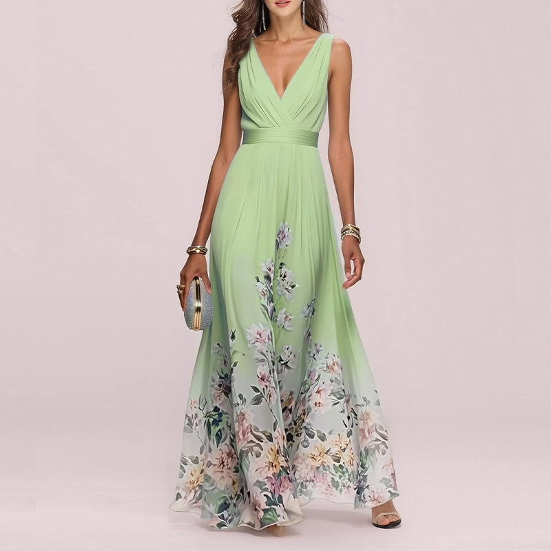 Women's Botanical Print V-Neck Sleeveless A-Line Maxi Dress
