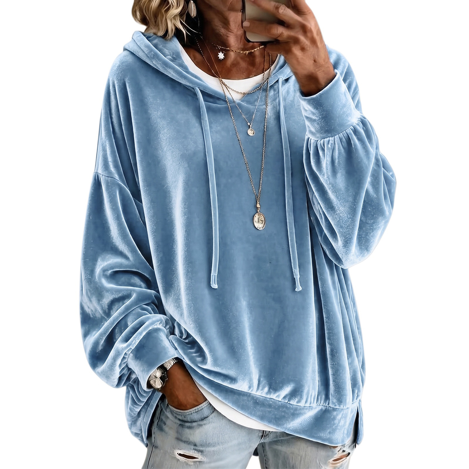 Women's Velvet Hooded Sweatshirt Loose Long Sleeve Pullover with Drawstring