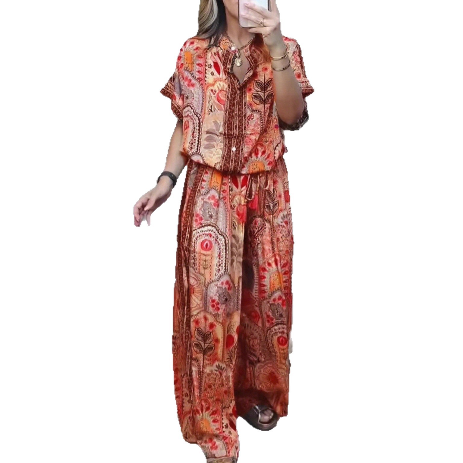 Women's Casual Print Button-Front Cardigan Top & Wide-Leg Pants Two-Piece Set