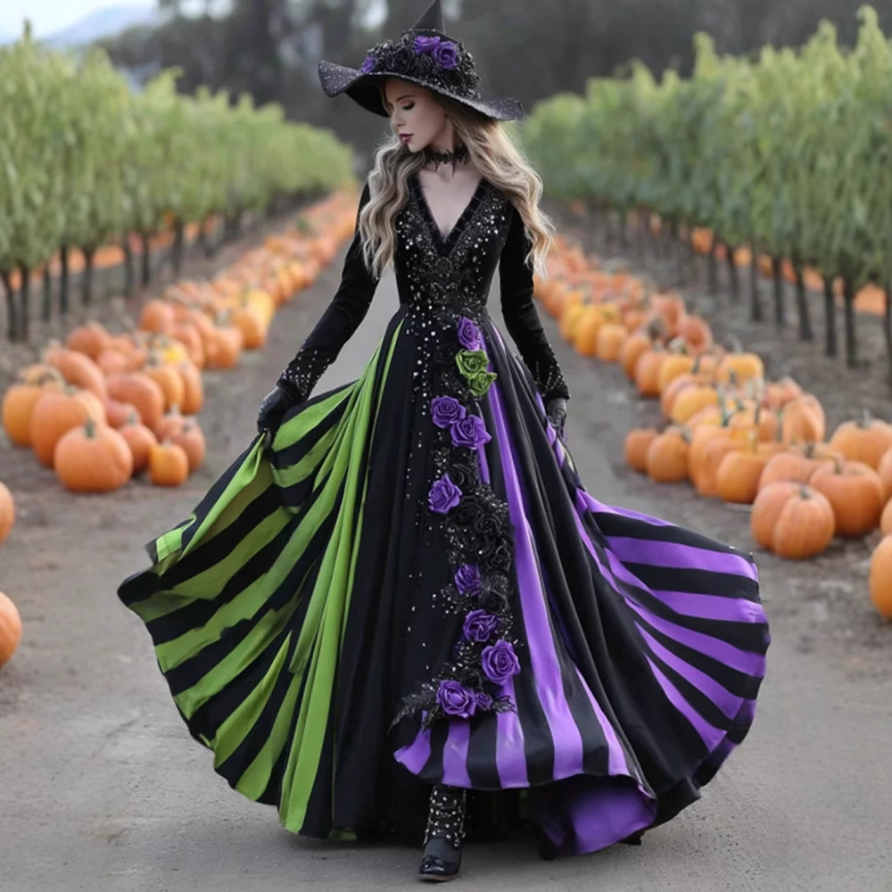 3D Digital Print V-Neck Long Sleeve Maxi Dress