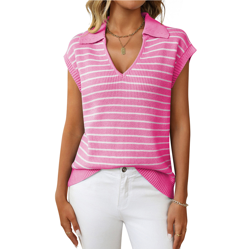 V-Neck Striped Knit Top with Collar Casual Loose Fit