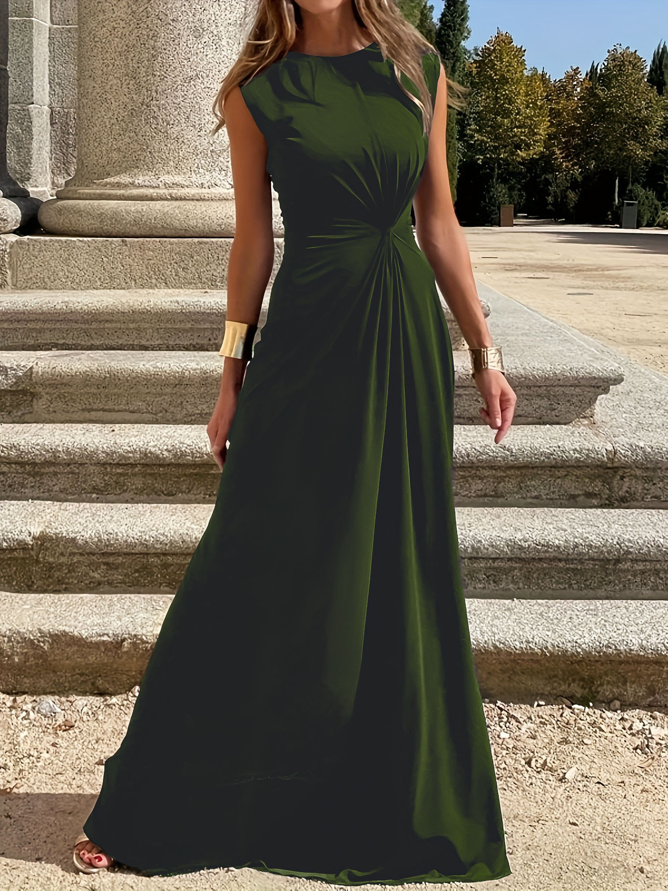 Women's Elegant Round Neck Sleeveless Long Dress Waist-Cinched Commuter