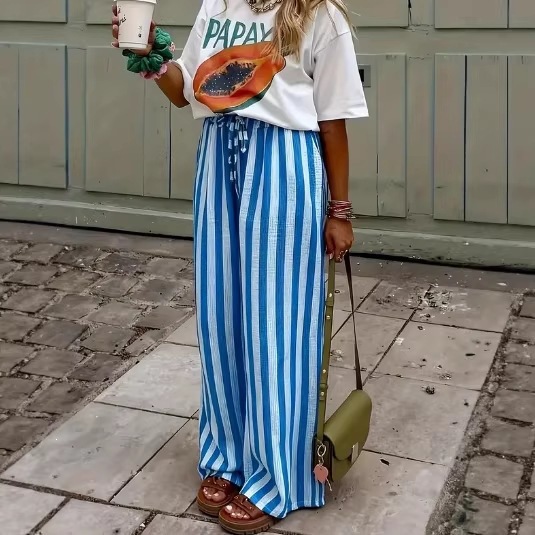 Women's Loose Straight-Leg Striped Print Pants Casual Colorblock