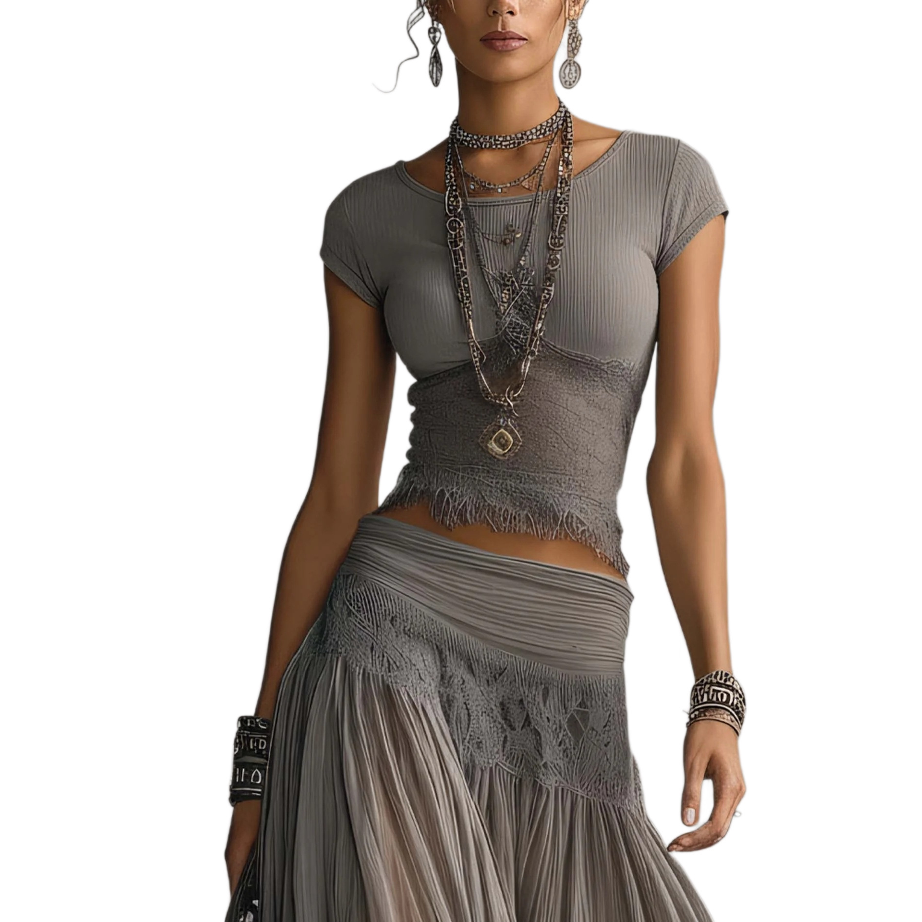 Gray Knit Top and Chiffon Maxi Skirt Two-Piece Set
