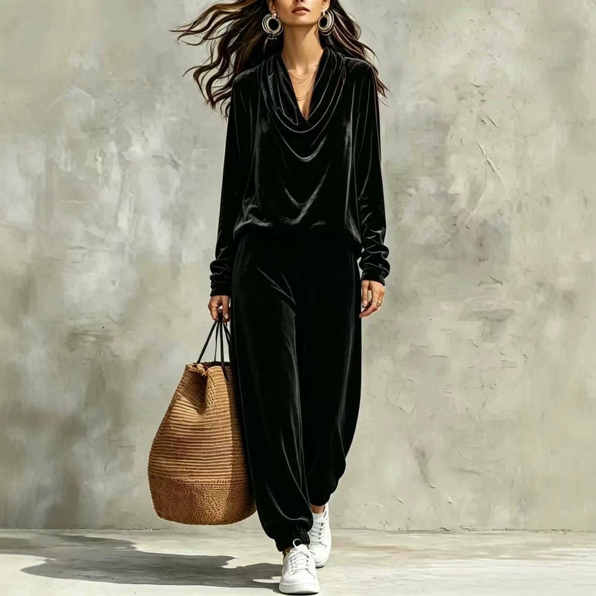 Women's Cowl Neck Long Sleeve Top and Jogger Pants Set Slimming Casual Two-Piece