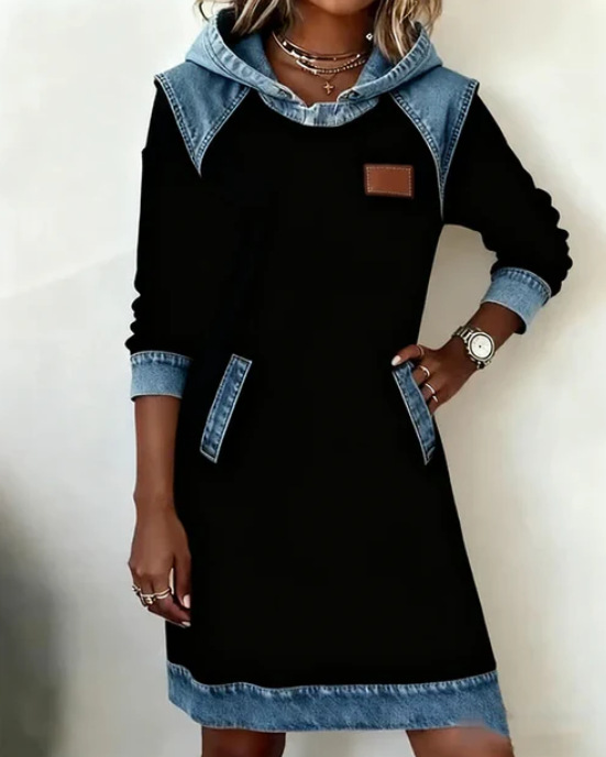 Hooded Faux Denim Patchwork Long Sleeve Sweatshirt Dress