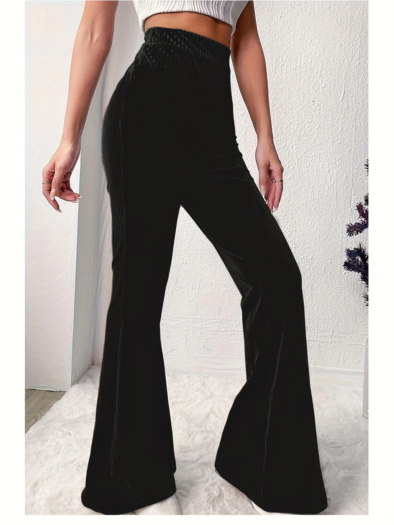 Women's High-Waist Corduroy Flare Pants Solid Color Wide-Leg Casual