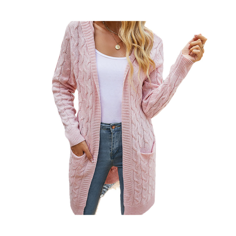 Women's Mid-Length Hooded Cardigan Sweater Cable Knit