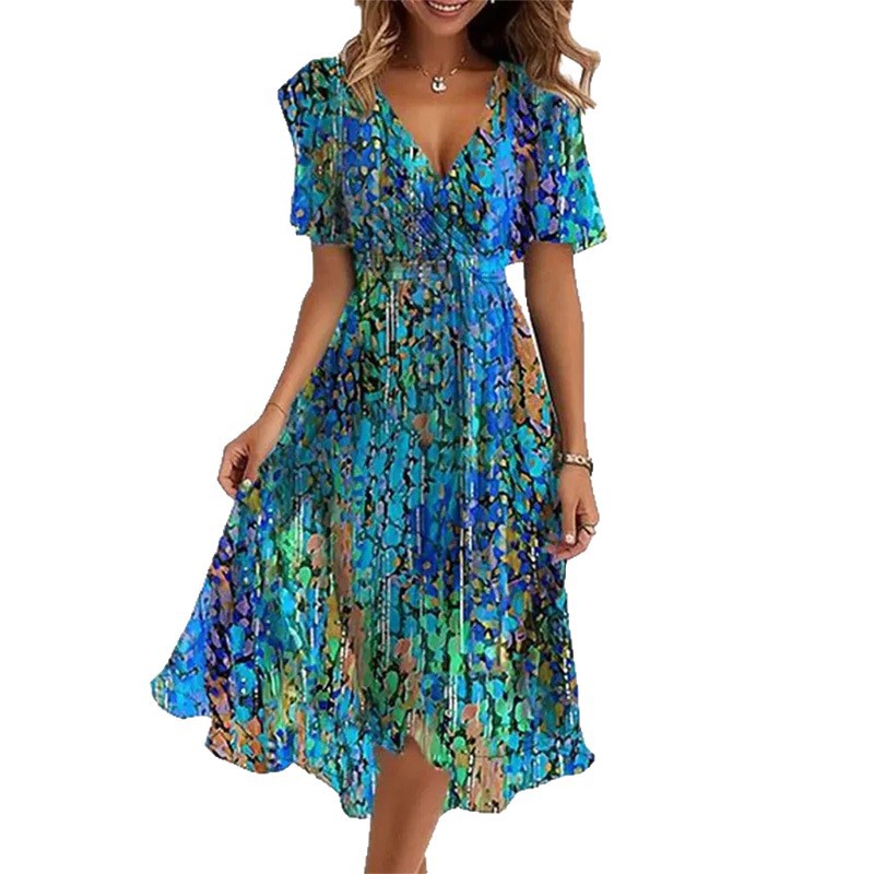 Women's Loose V-Neck Floral Print Midi Dress Short Sleeve