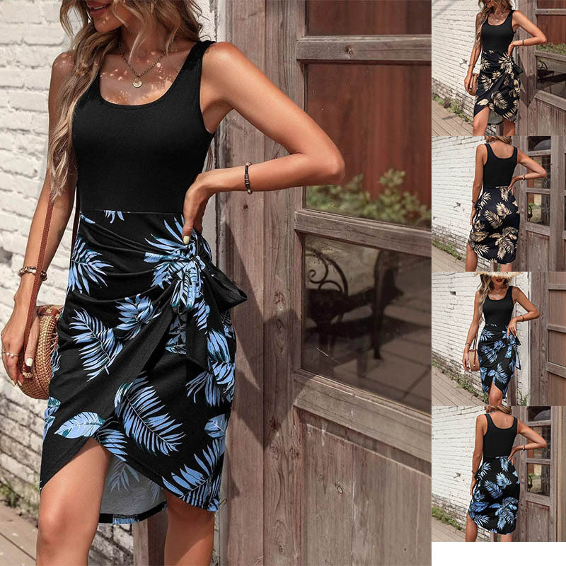 Women's Floral Print Midi Dress Square Neck Sleeveless High Waist Vacation Beach Dress