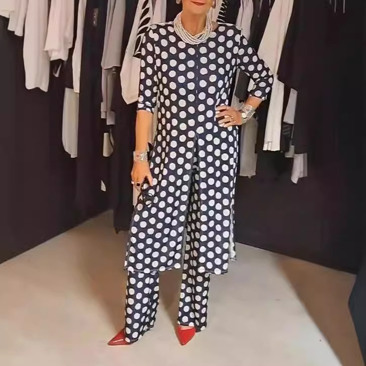 Polka Dot Round Neck Slim Fit Slit Long Top & Pants Set