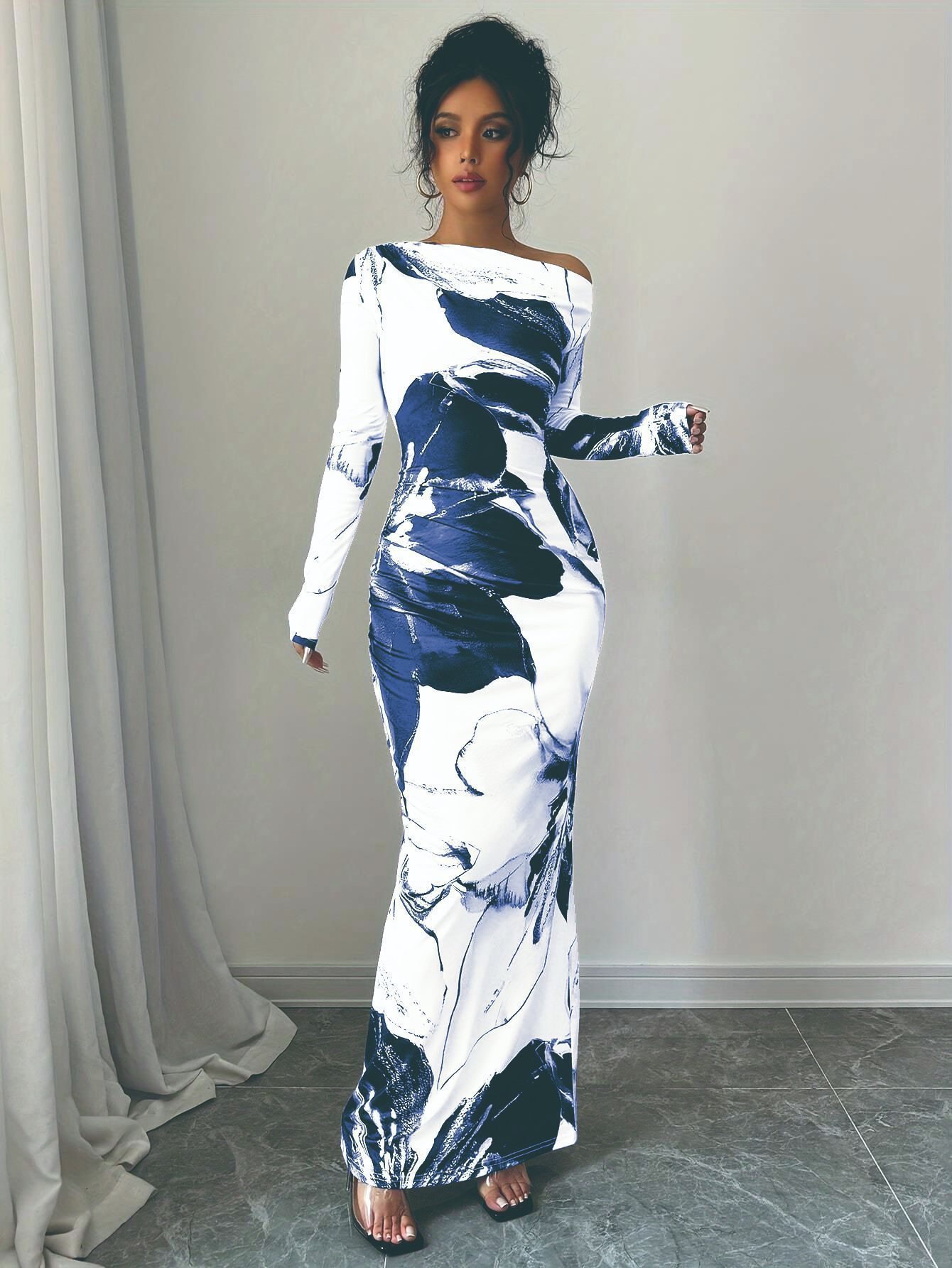 Off-Shoulder Floral Print Bodycon Long Dress