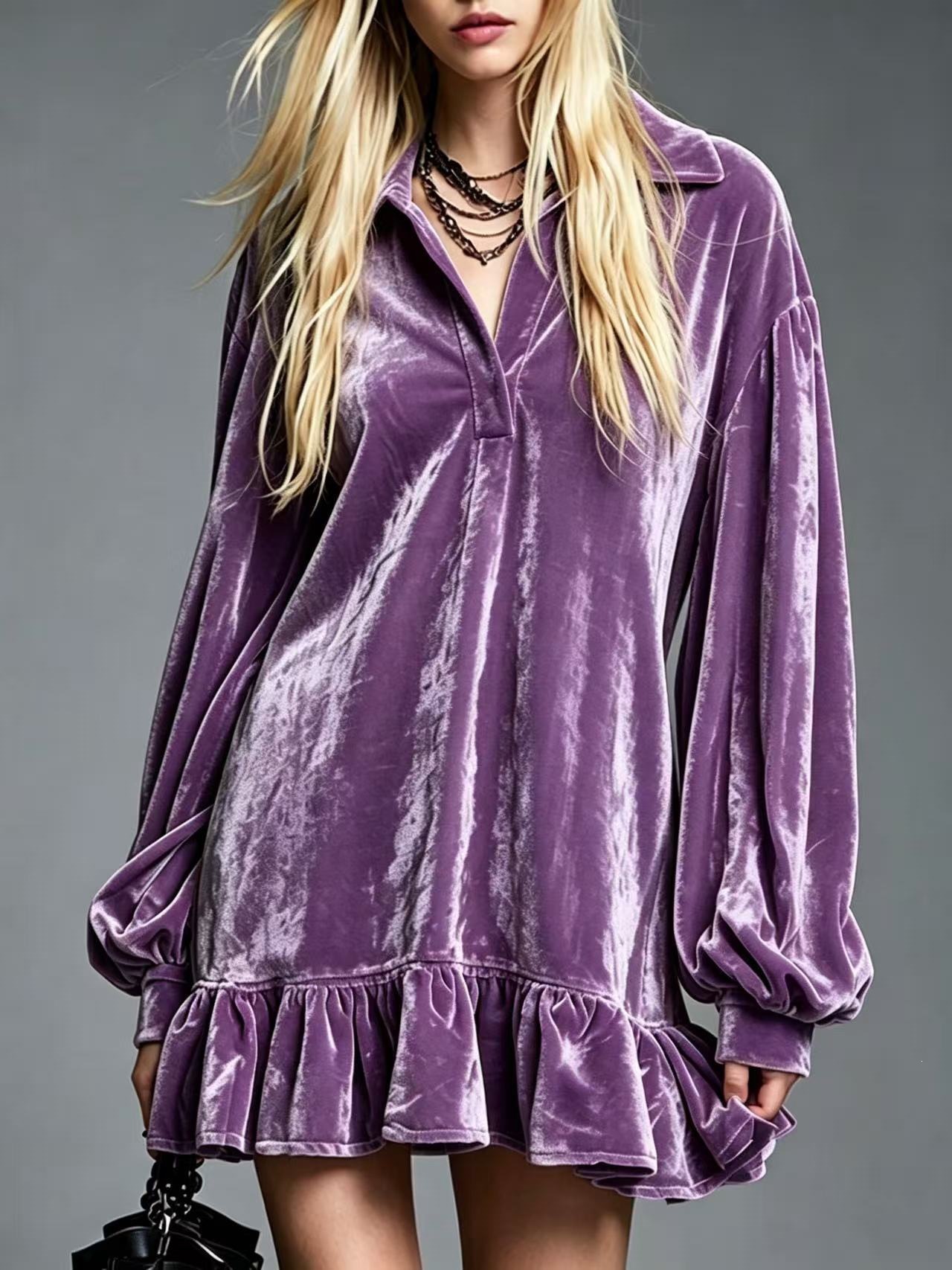 Solid Color French Style Lantern Sleeve Ruffle Collared Shirt Dress