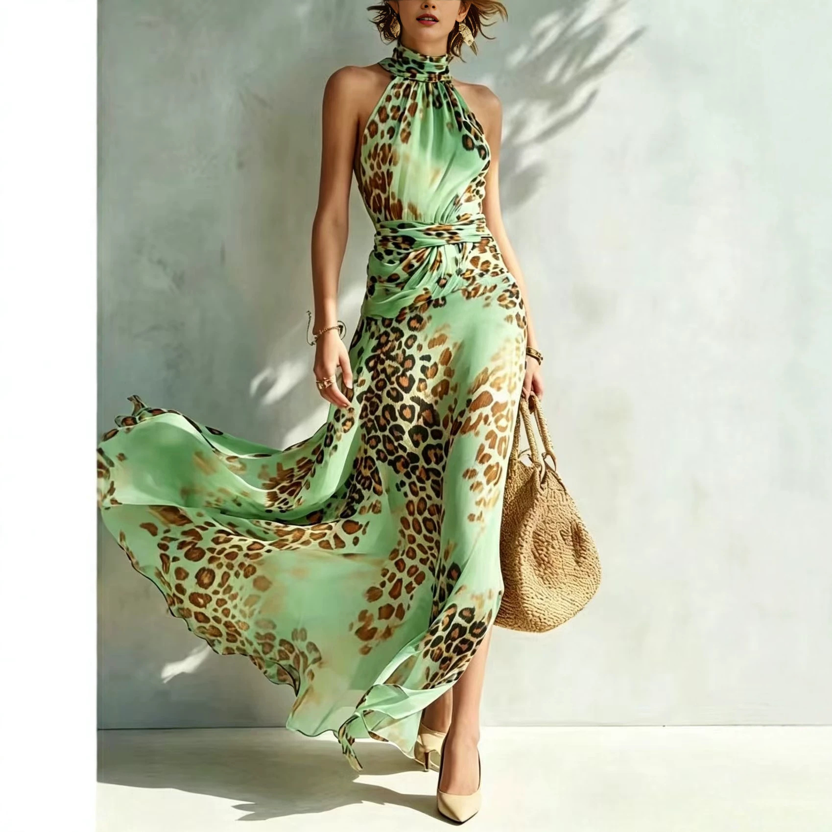 Sleeveless Halter Neck Leopard Print A-Line Maxi Dress