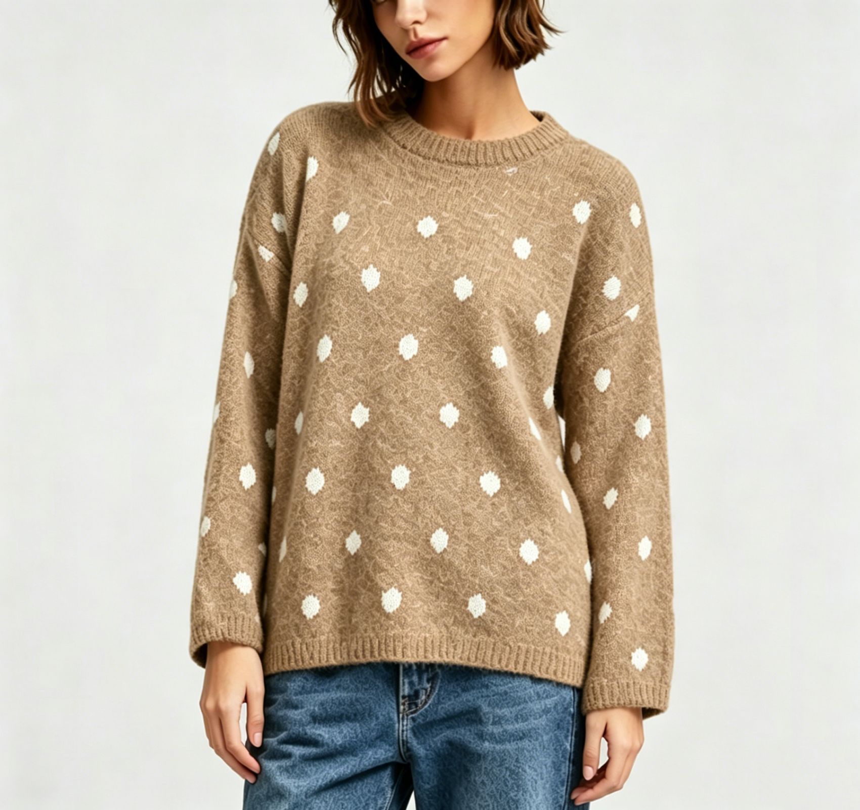 Polka Dot Crewneck Pullover Sweater for Women Soft Knit Top