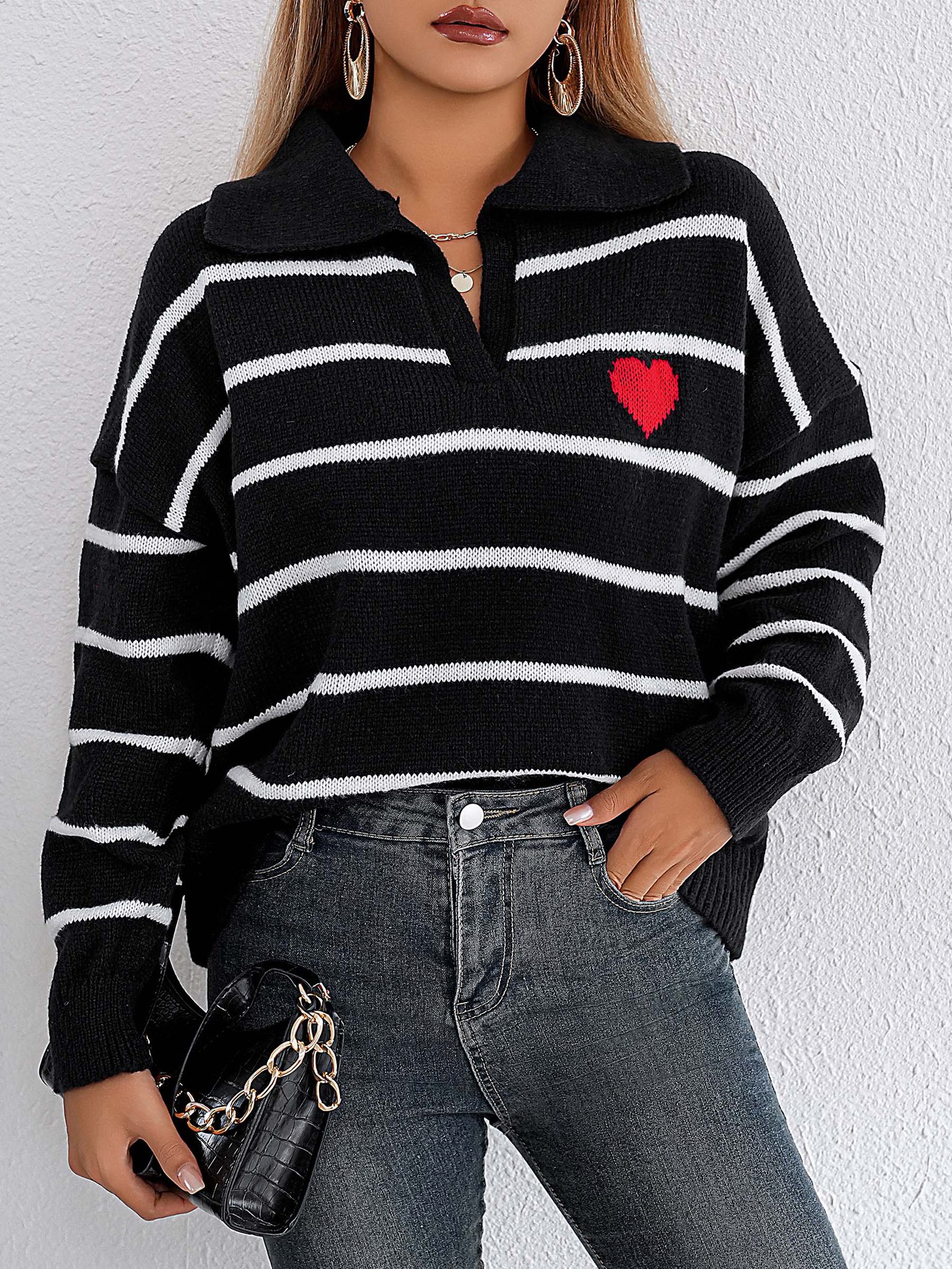 Women's Color-Block Striped Heart Polo Neck Sweater