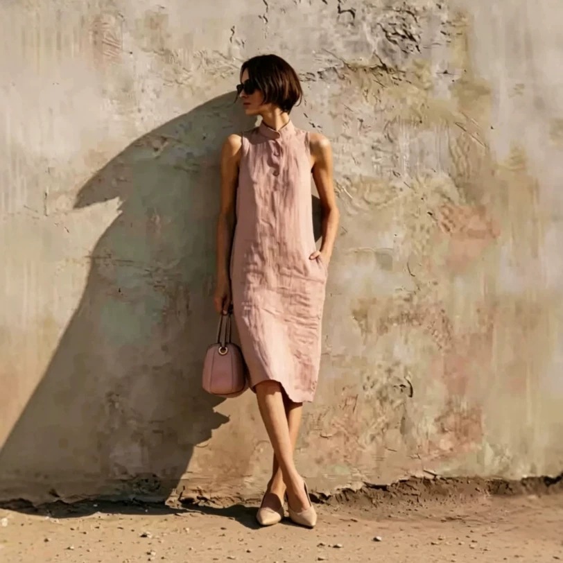 Sleeveless Linen Straight Dress Minimalist Textured Cotton-Linen Midi