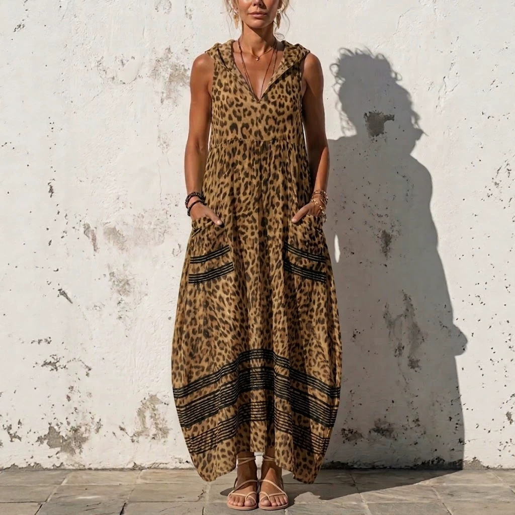 Women's Sleeveless Hooded Leopard Print Maxi Dress with Pockets