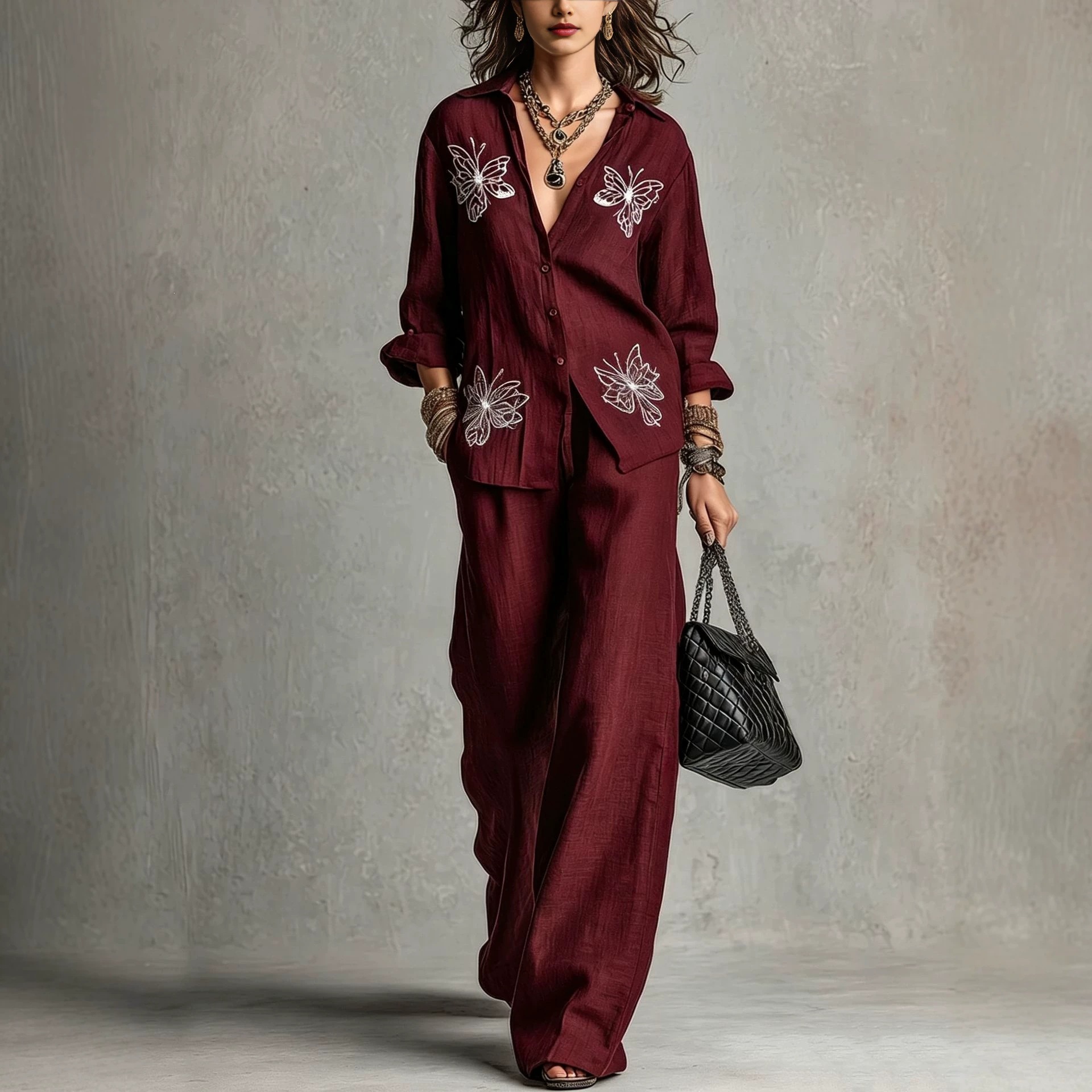Women's Butterfly Embroidered Shirt & Wide-Leg Pants Two-Piece Set