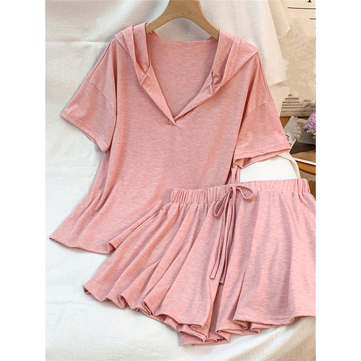 Women's Plus Size Pink Hooded Short Sleeve Shorts Two-Piece Set Loose Fit