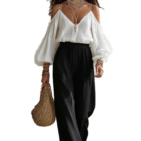 V-Neck Cold-Shoulder Long-Sleeve Solid Top & High-Waist Black Wide-Leg Pants Women's Two-Piece Set