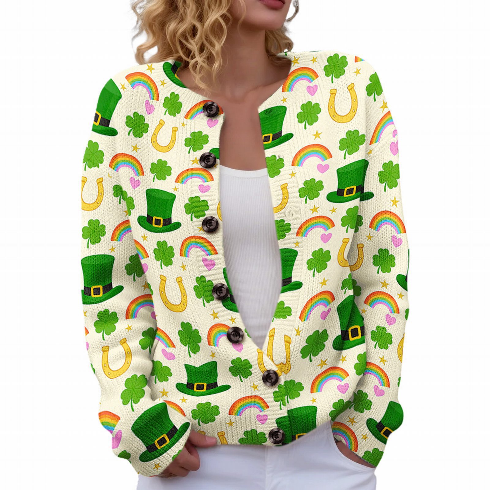 Women's Four-Leaf Clover Print Button Cardigan Sweater