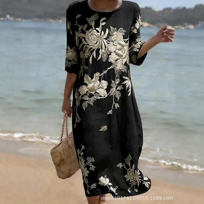 Women's Floral Print Ruched Midi Dress with Half Sleeves
