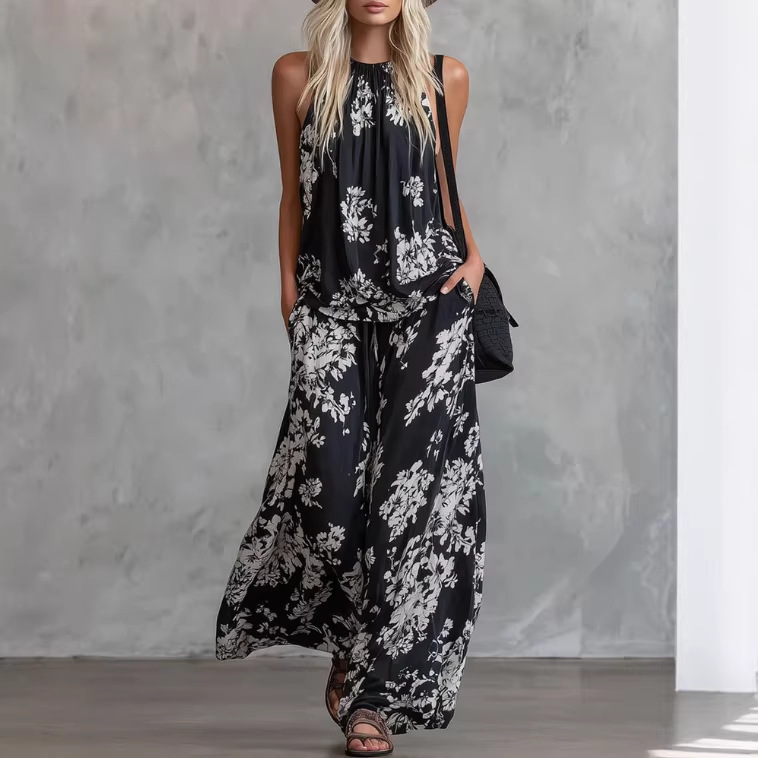 Floral Print Sleeveless Top and Pants Chiffon Set