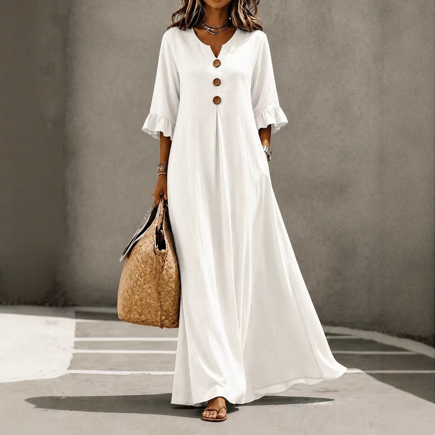 V-Neck Button Ruffle Sleeve Solid Loose Casual Dress