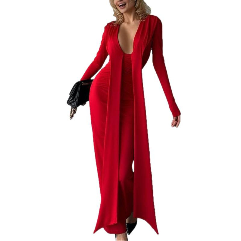 Sexy Deep V-Neck Long Sleeve Tie Slim Solid Dress