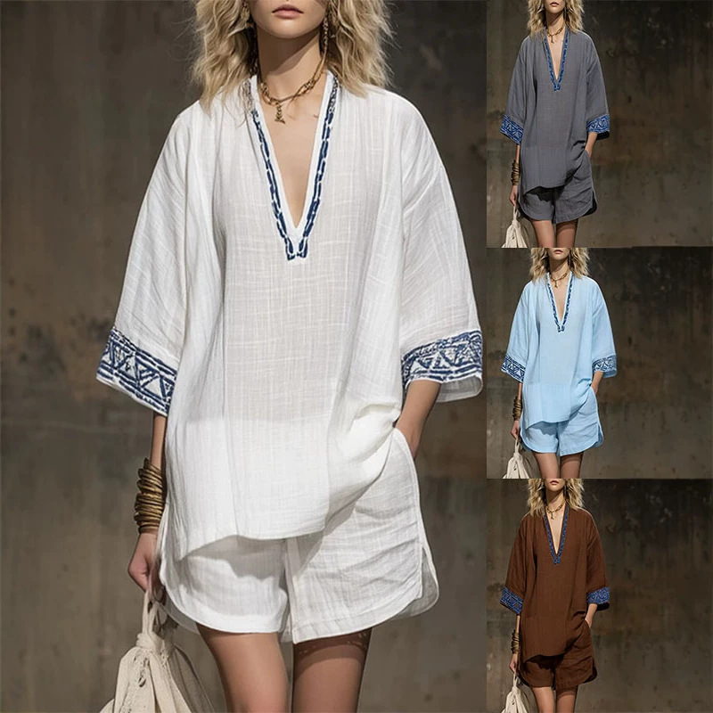 Bohemian Linen-Blend Printed V-Neck Short Sleeve Shorts Women's Set
