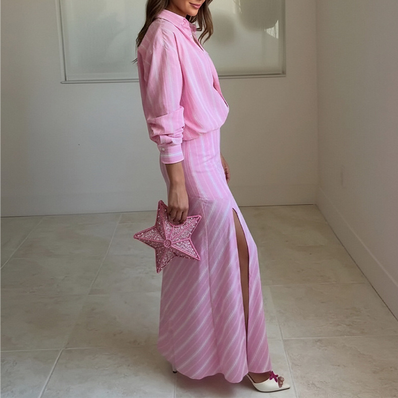 Striped Lapel Collar Slit Long Skirt Two-Piece Set
