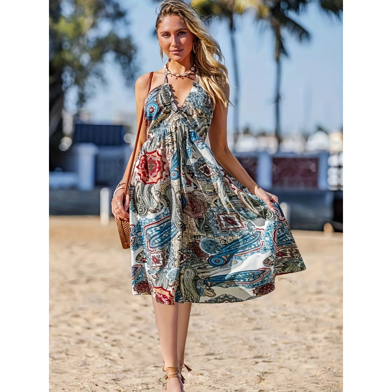 Women's Bohemian Halter Neck Waist-Cinching Slit Dress