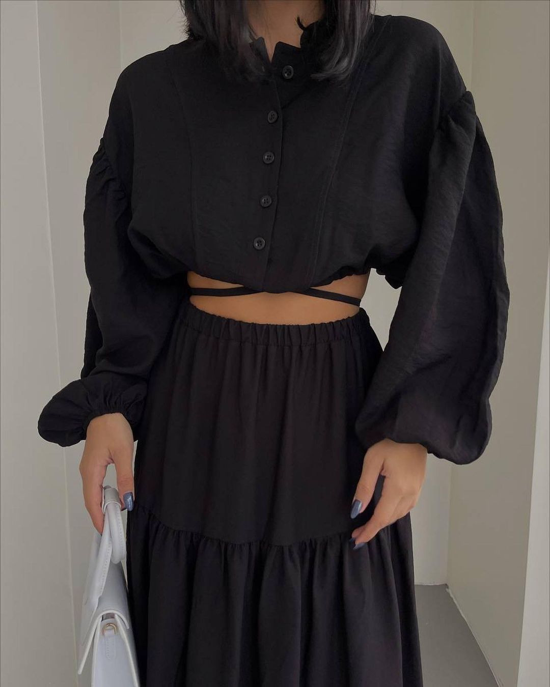 Tie-Front Long-Sleeve Top and Pleated Slit Midi Skirt Set