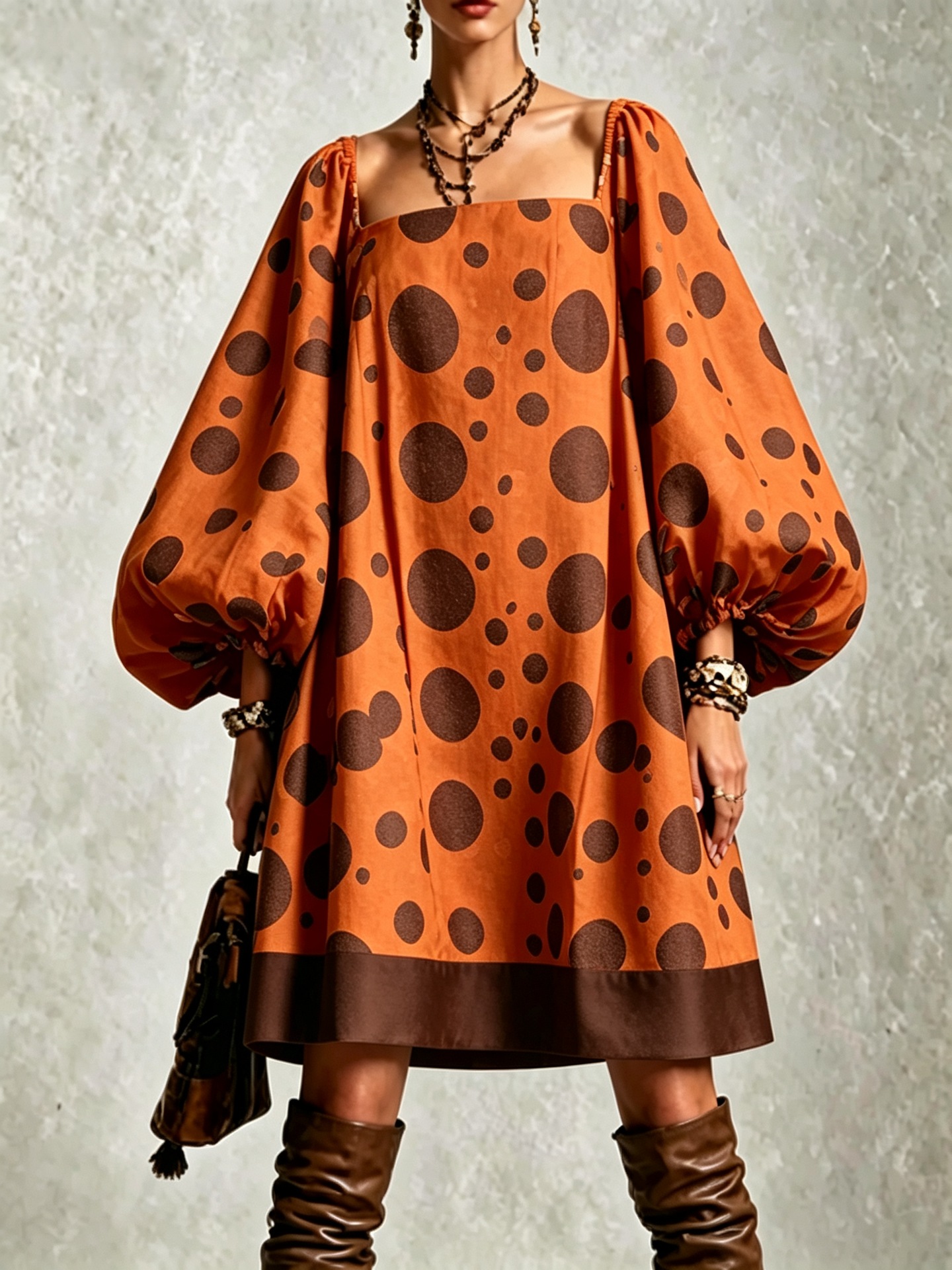 Retro Polka Dot Lantern Sleeve Off-Shoulder Mini Dress