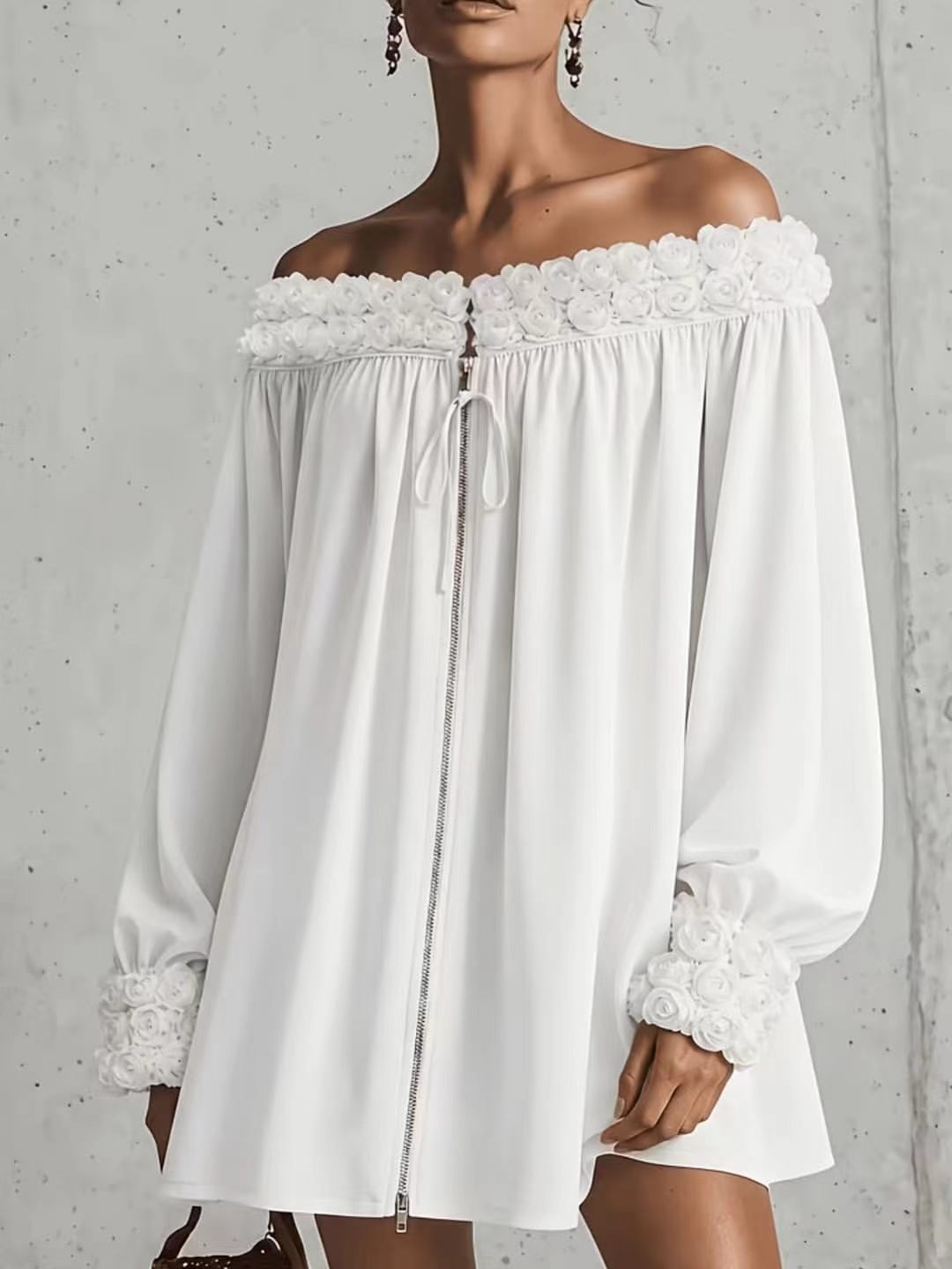 Off-Shoulder Floral Dress with Puff Sleeves and A-Line Skirt
