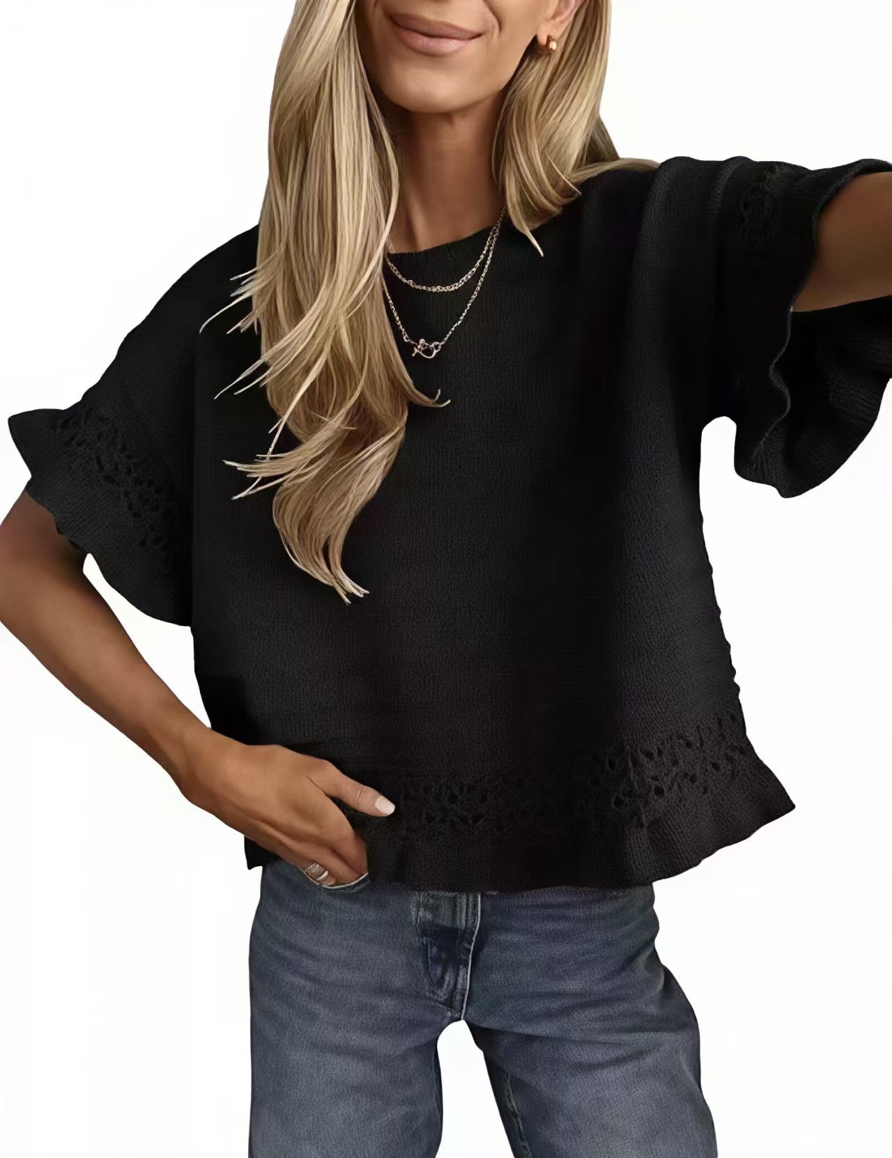 Women's Round Neck Hollow-Out Knit Short Sleeve Ruffle Loose Sweater