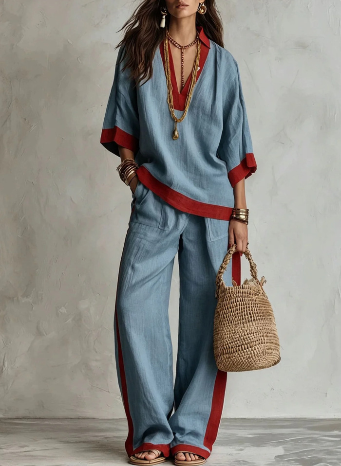 Color-Block Linen Blend Lounge Set – V-Neck Top & Wide-Leg Pants
