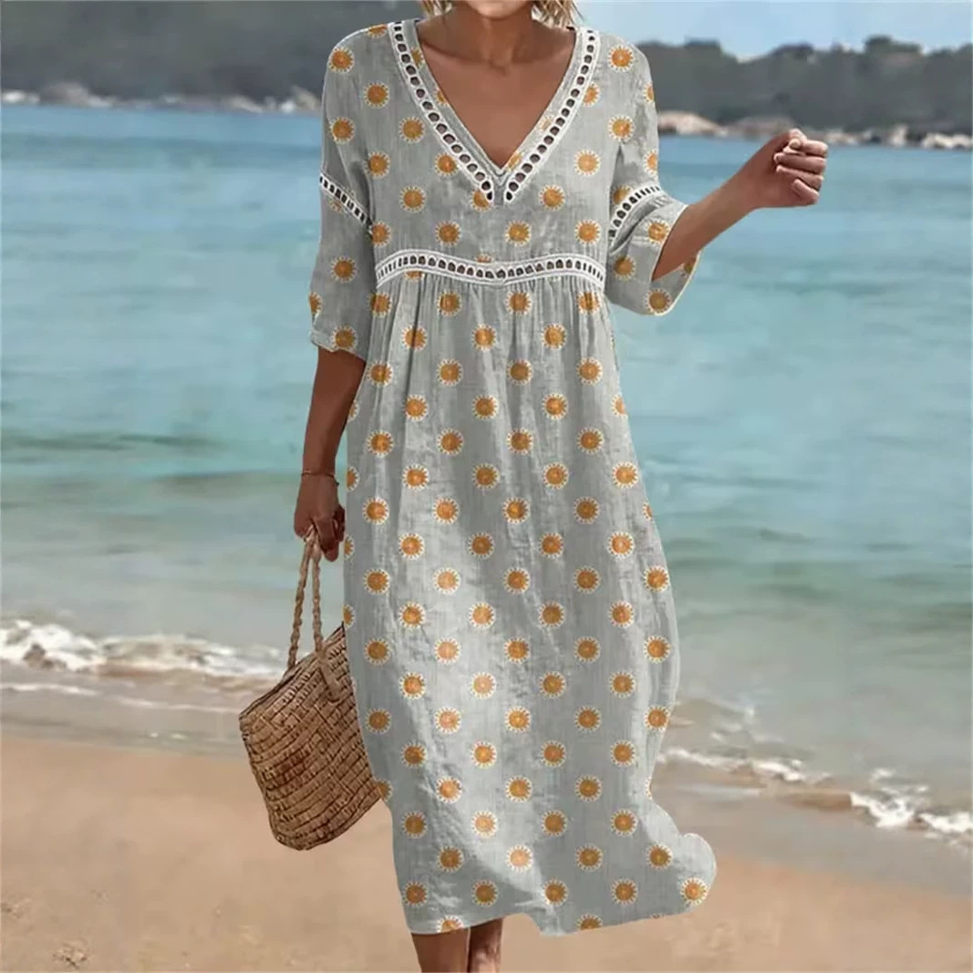 Women's Floral Polka Dot Print Pleated Midi Dress