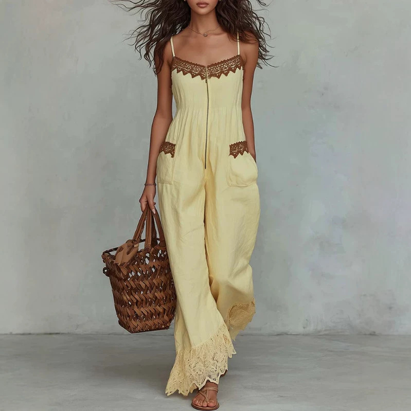 Women's Lace Trim Cotton Linen Wide Leg Jumpsuit with Front Zip
