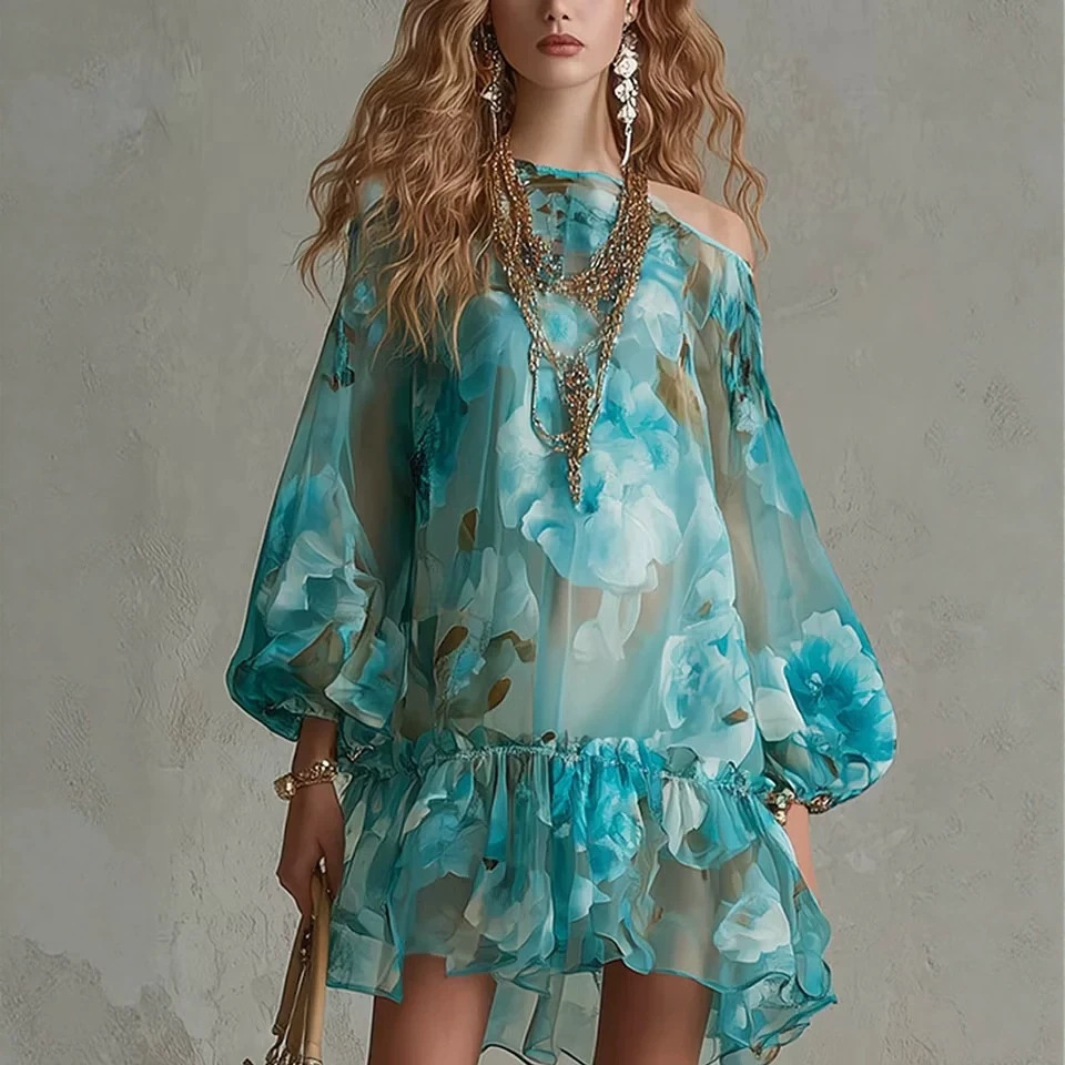 Lake Blue Ink Floral Off-Shoulder Puff Sleeve Ruched Ruffle Vacation Mini Dress