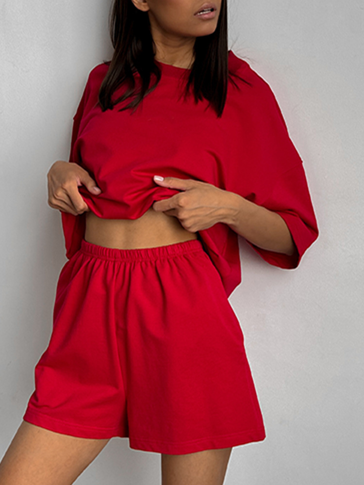 Women's Casual Two-Piece Shorts Set with Short Sleeve Round Neck Top and Solid Color Shorts