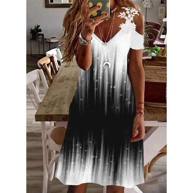 Women's Floral Print Off-Shoulder Lace Short Sleeve Dress