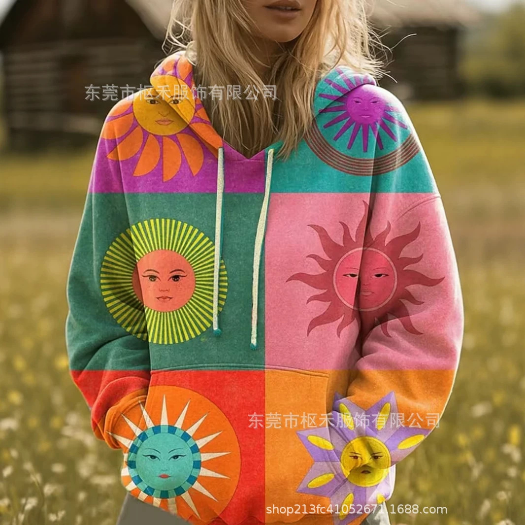 Women's Colorful Oil Painting Sun Print Casual Hoodie