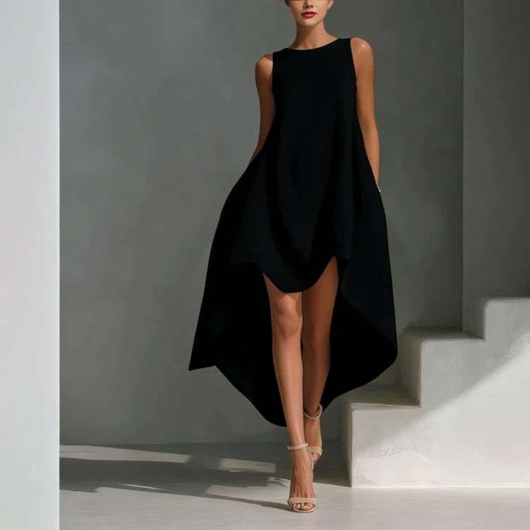 Women's Summer Sleeveless Round Neck Solid Color Flowy Midi Dress