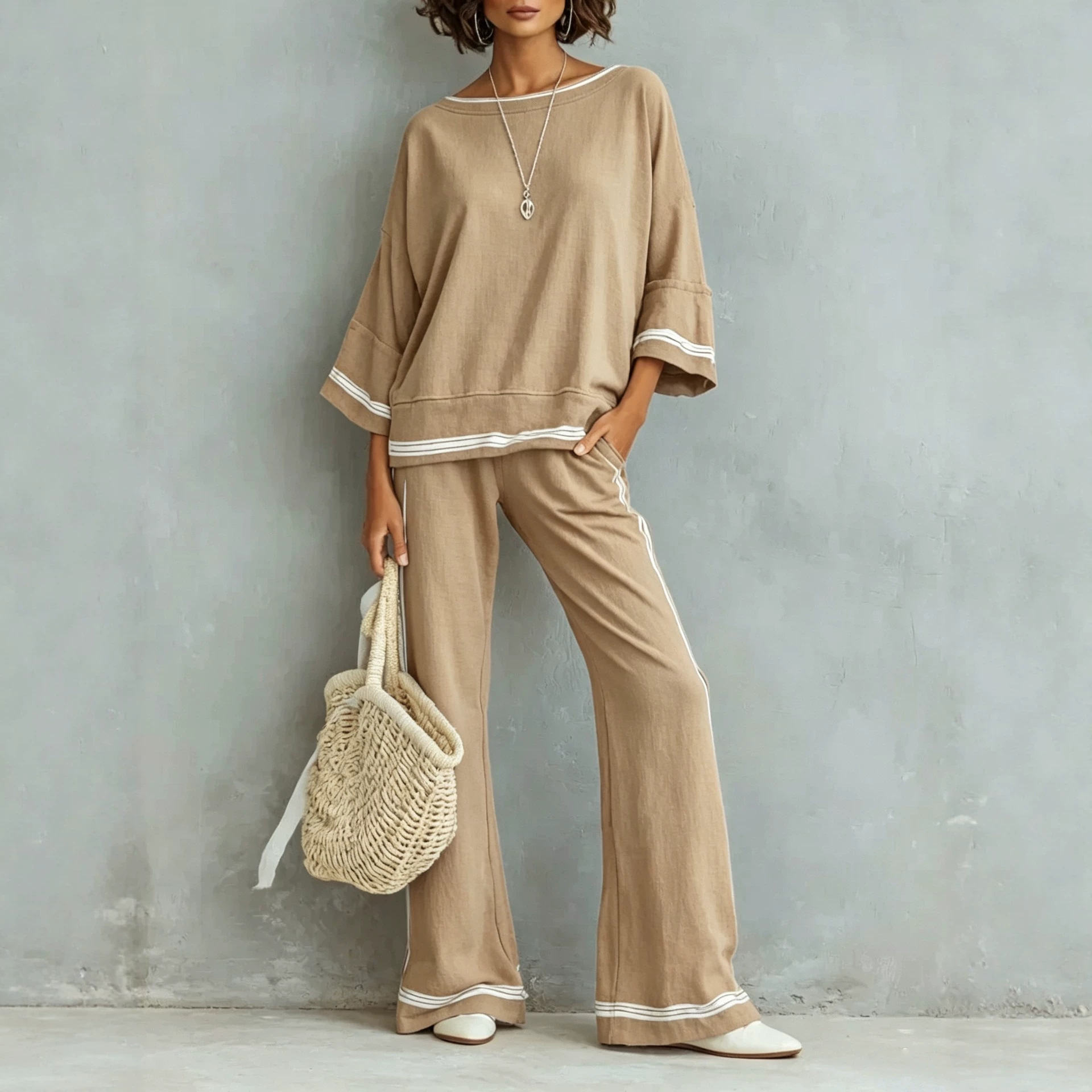 Women's Color-Block Striped Two-Piece Set with Three-Quarter Sleeve Top and Wide-Leg Pants